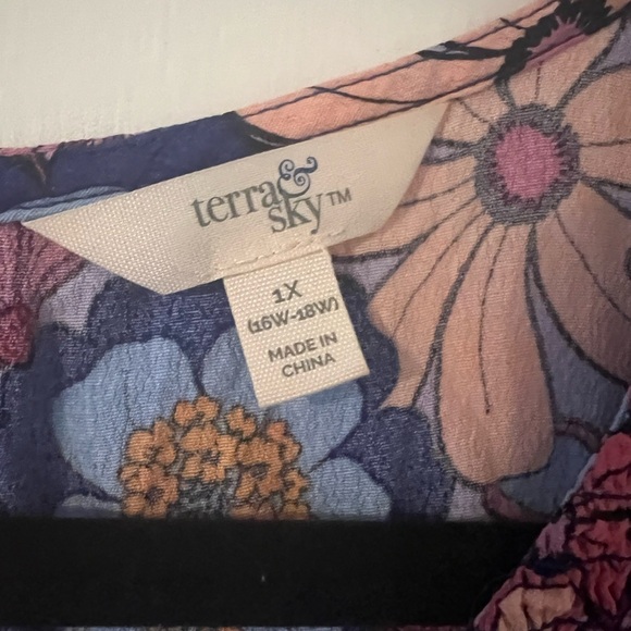 Terra & Sky Blue and Pink Ruffled 3/4 Sleeve Blouse size 1X (SKU-D-125) - Picture 3 of 10